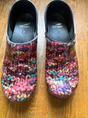 Dansko Multicolor Knit-Effect Slip-On Clogs in Pink, Teal & Purple
